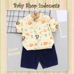 large LU612 Setelan Kemeja Anak Cowok Setelan Baju Anak Import Zoo Fox and Bear Cream